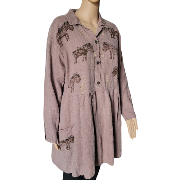 SOLDVintage FLAX Women's Linen Tunic Mauve w/ Horse Art, Boho Cottagecore Medium - Picture 2 of 11
